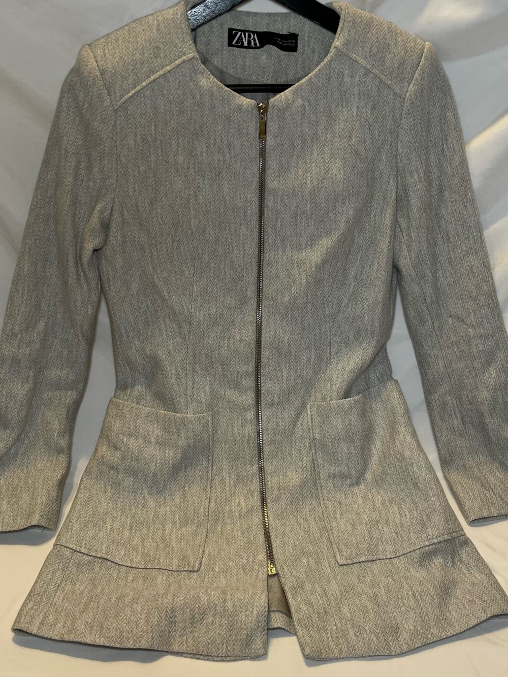 Zara Light Gray Herringbone Zip-Front Peplum Jacket